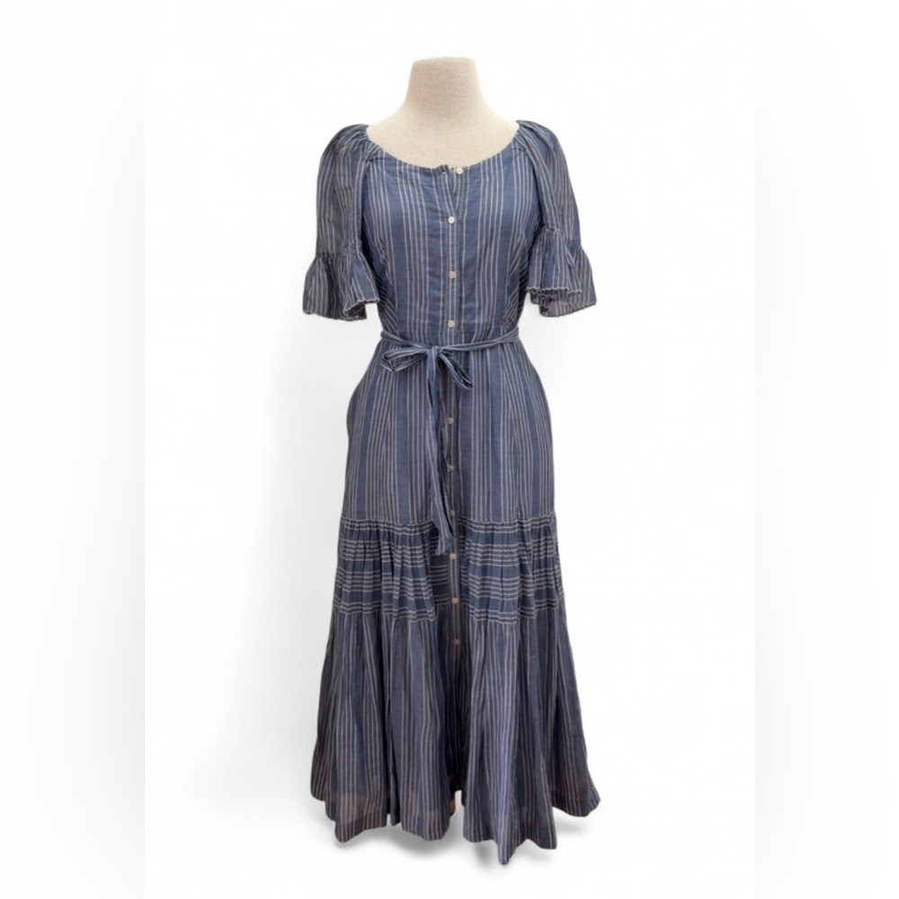 Rebecca Taylor Blue Striped Fit & Flare Dress Size Small Coastal Cottage Core